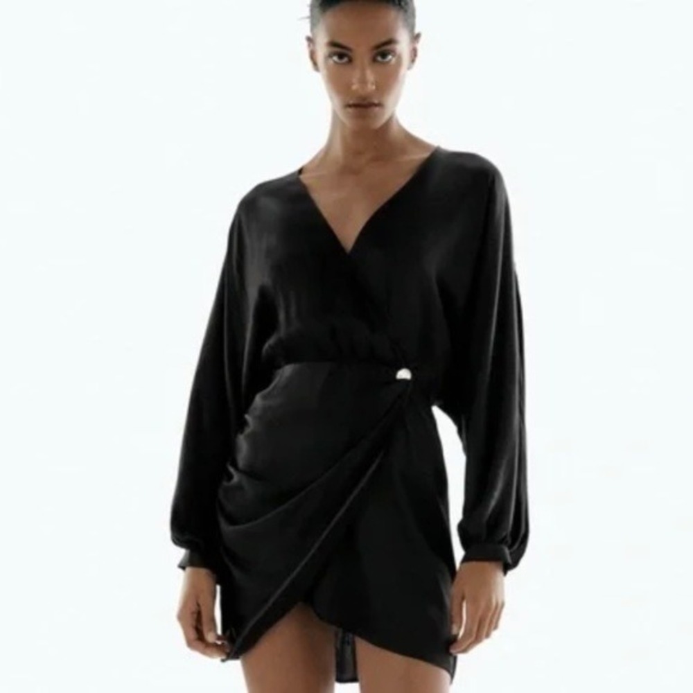 Zara Black Satin Effect Draped Mini Dress V-Neck Long Sleeve Womens S